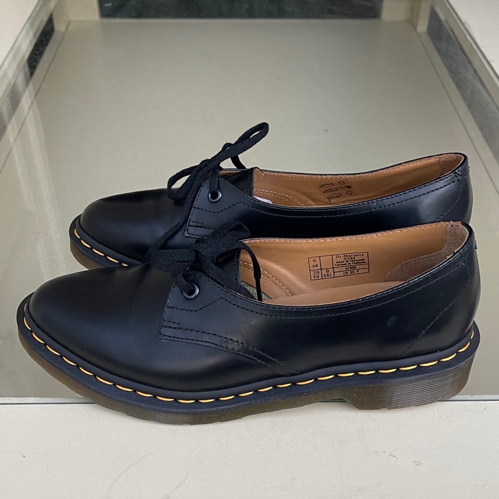 Dr. Martens Black Leather Flats with Yellow Stitching